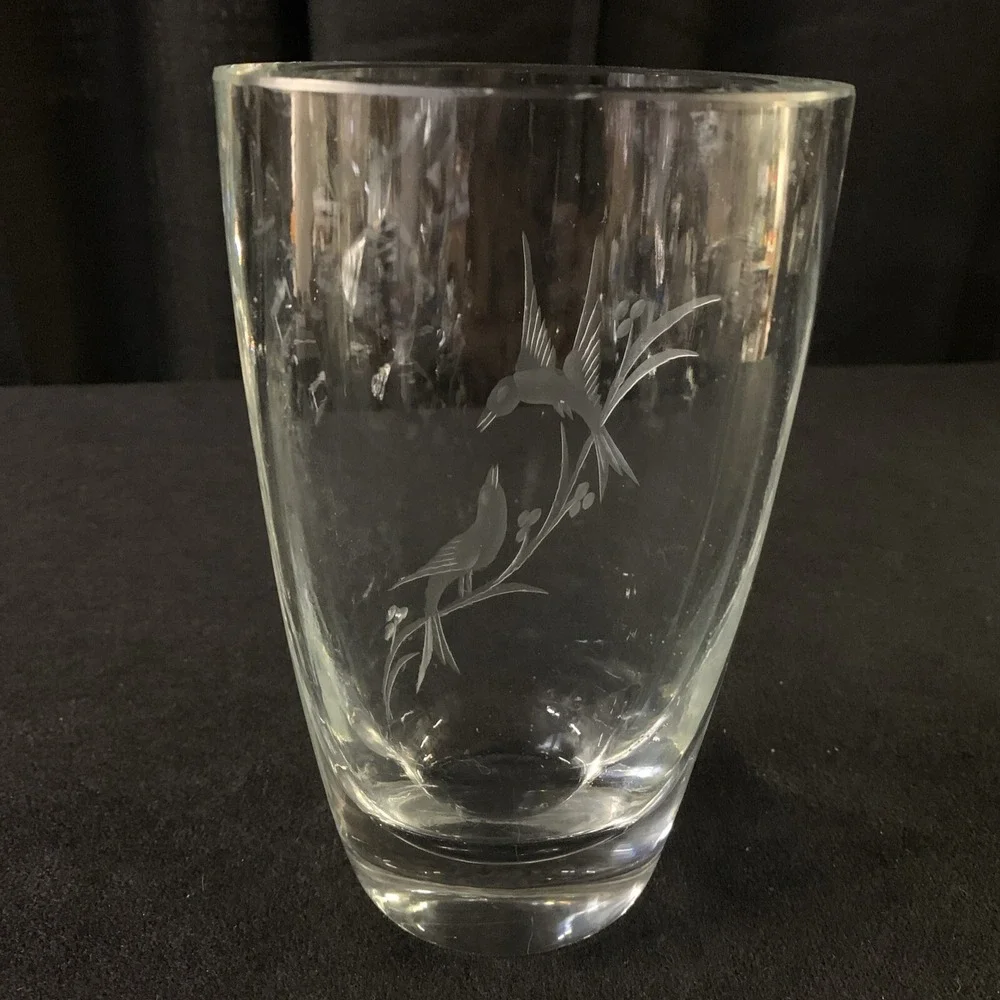 Vintage Art Glass Vase Etched Birds on Branch Oval Heavy Clear 6.5in MCM
